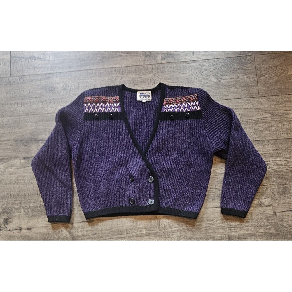 Vintage Cardigan Sweater Small Purple Geometric Grandpa 90s Knit